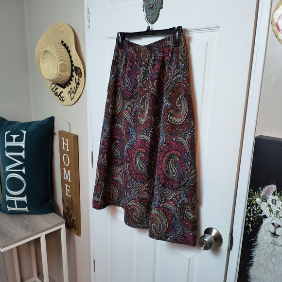 Vintage Bonworth Paisley Print Boho Hippie Midi Skirt Stretch Pockets MP - Picture 3 of 10